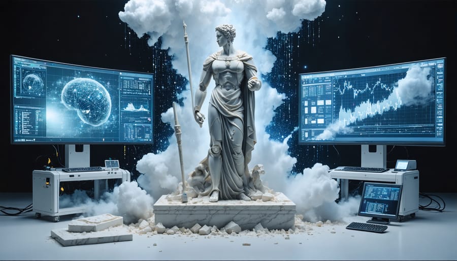 A marble sculpture emerging from binary code, surrounded by robotic tools and digital monitors, symbolizing the fusion of traditional stone art with modern technology.