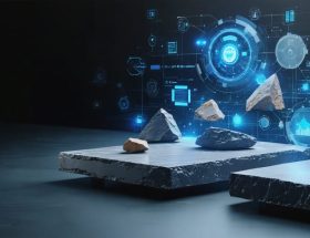 Conceptual illustration of digital interfaces showcasing real-time data analytics and automated processes in the natural stone supply chain, with abstract stone slabs and digital connections illustrating transformative technology integration.