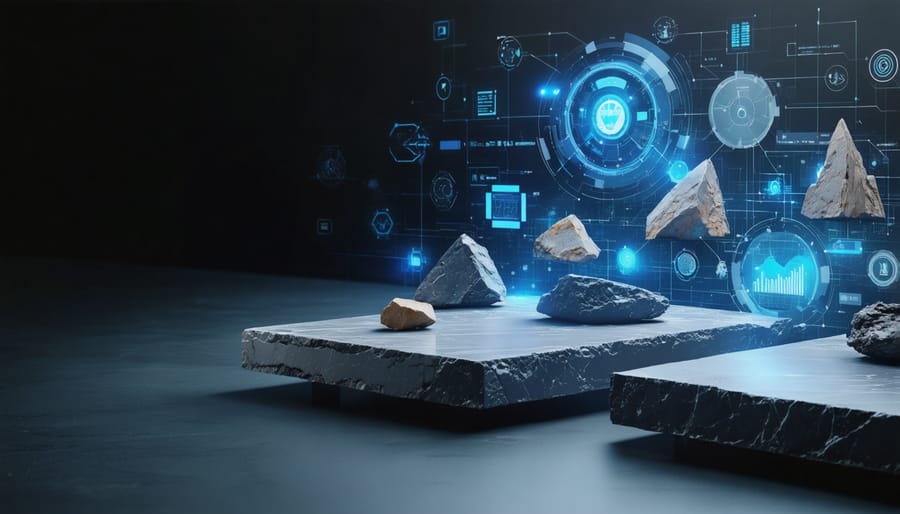 Conceptual illustration of digital interfaces showcasing real-time data analytics and automated processes in the natural stone supply chain, with abstract stone slabs and digital connections illustrating transformative technology integration.