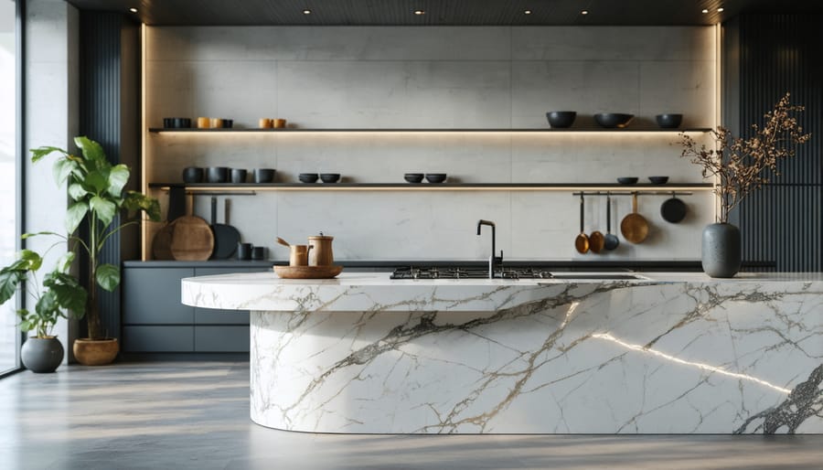 Ergonomic kitchen design with natural stone countertops at ideal working height