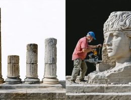 A conservation specialist and traditional artisan collaboratively working on a historic stone monument, representing the blend of ancient techniques and modern technology in stone preservation.