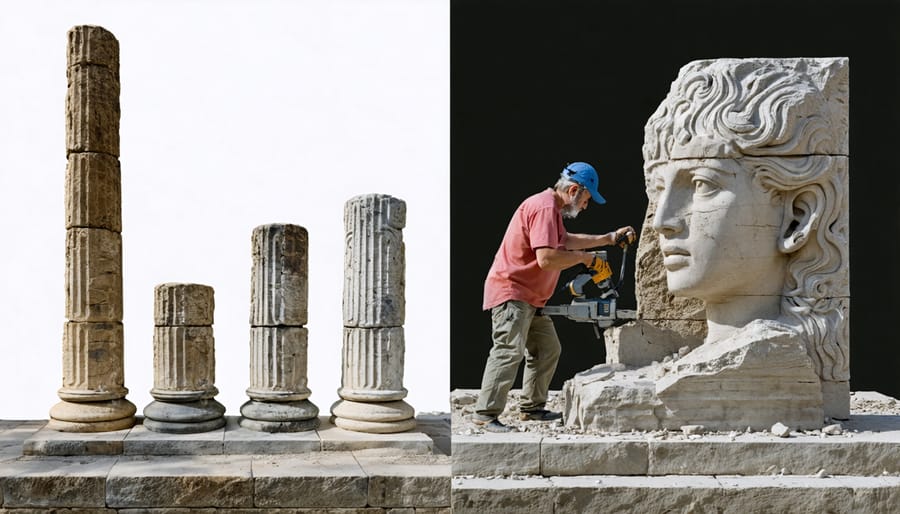 A conservation specialist and traditional artisan collaboratively working on a historic stone monument, representing the blend of ancient techniques and modern technology in stone preservation.