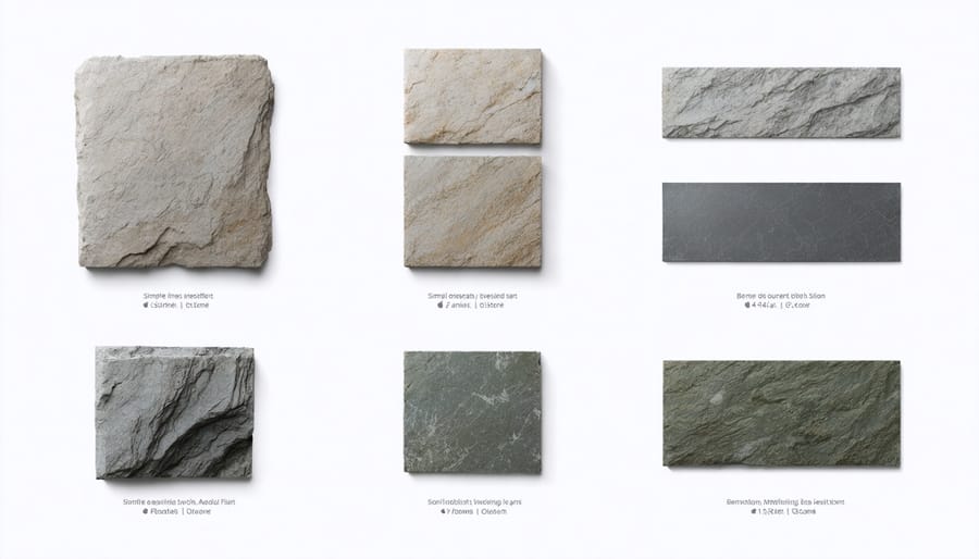 Collection of labeled fire-resistant stone materials showing various classifications