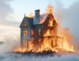 An illustrated image of a natural stone building protected by a conceptual shield against flames, representing the integration of fire safety measures in stone construction.
