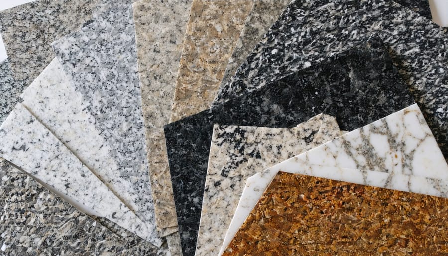 Various granite countertop samples showing different colors and natural patterns