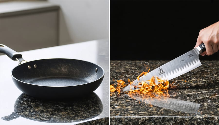 Demonstration of granite countertop's heat and scratch resistance with cooking activities