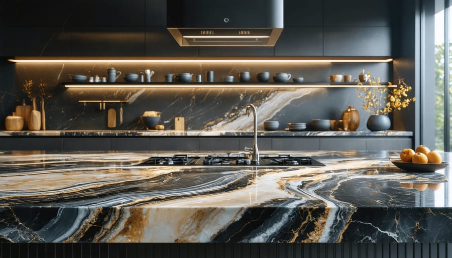Luxurious kitchen with granite countertops, featuring intricate patterns and elegant lighting, demonstrating the beauty and practicality of granite surfaces.
