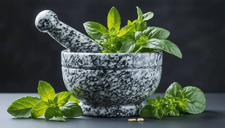 Chef using a granite mortar and pestle to grind fresh herbs