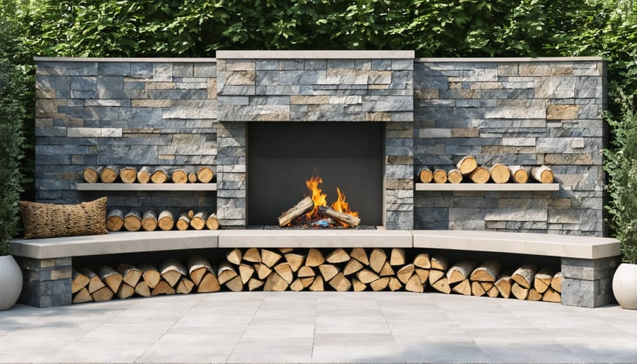 Contemporary stone fireplace with integrated seating and storage features