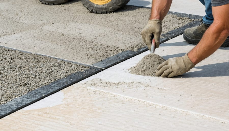 Professional contractor demonstrating proper joint sand application technique