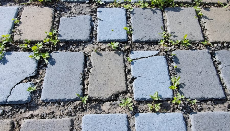 Failed paving stone joints showing sand erosion and weed intrusion