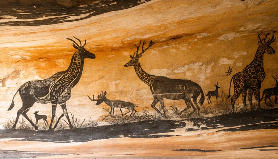 Ancient cave paintings from Lascaux featuring aurochs, horses, and deer in red and black pigments
