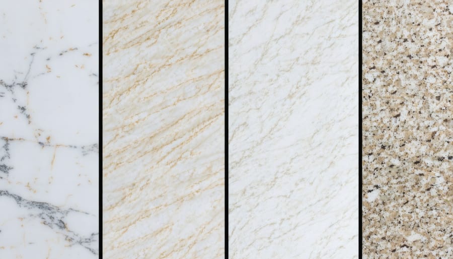 Surface detail comparison of porcelain, engineered stone, solid surface, and laminate countertop materials