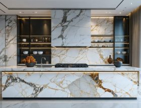 A modern kitchen featuring lightweight countertops with appearances of marble and granite, highlighting varied patterns and sleek, premium stone-like finishes.