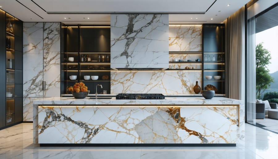 A modern kitchen featuring lightweight countertops with appearances of marble and granite, highlighting varied patterns and sleek, premium stone-like finishes.
