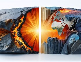 "Illustration of Earth's crust cross-section depicting the transformation of magma into igneous rocks, showcasing the slow formation of granite and rapid cooling into basalt with visible crystal structures."