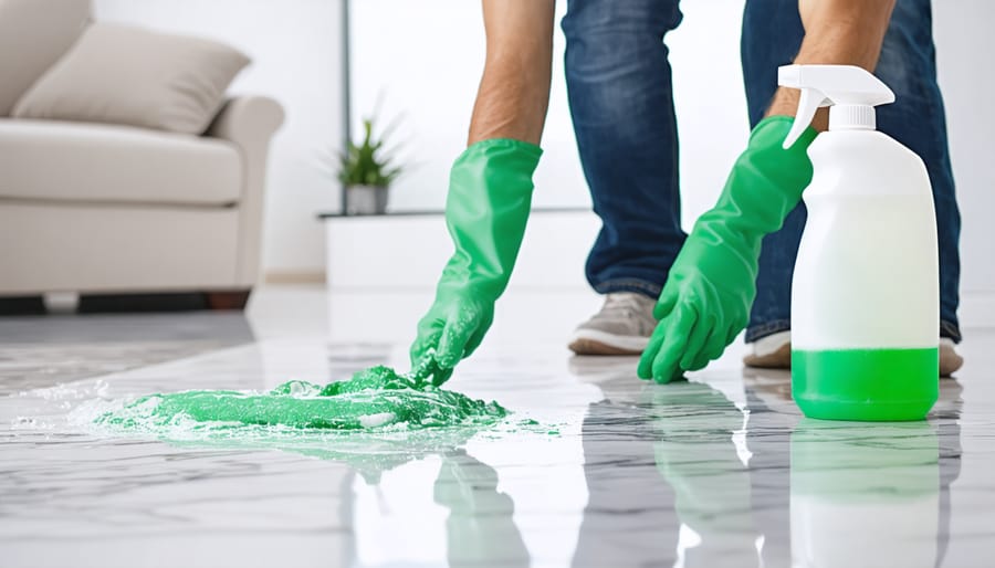 Step-by-step demonstration of cleaning marble countertop with pH-neutral cleaner and soft cloth