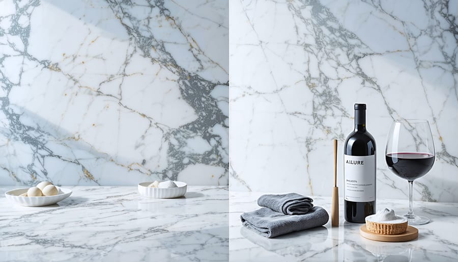 A split image displaying the beauty of a pristine marble countertop on one side, and maintenance tools like a cleaner, cloth, and sealer on the other, symbolizing the elegance and care involved in marble countertop upkeep.