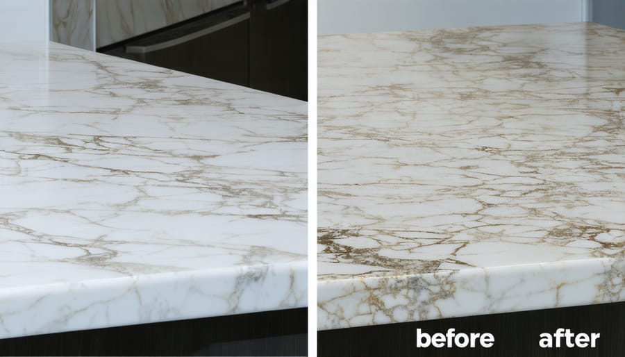 Side-by-side comparison of pristine marble surface versus etched marble surface showing typical acid damage