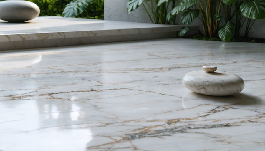 Smooth, polished white marble surface showcasing its calming patterns and textures