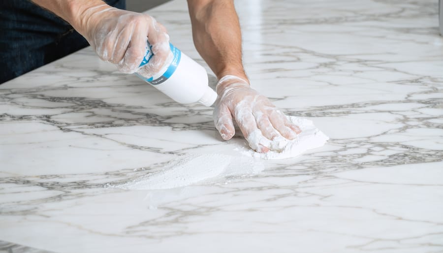 Closeup of professional contractor applying marble sealer with proper techniques and tools