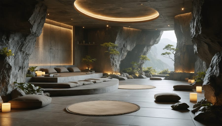 Serene meditation space showcasing natural stone acoustic design elements