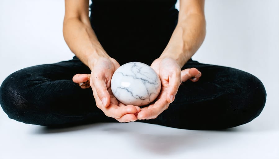 Individual meditating while holding a white marble stress relief stone