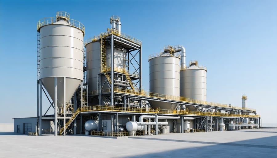 Aerial view of contemporary cement manufacturing facility with environmental protection systems