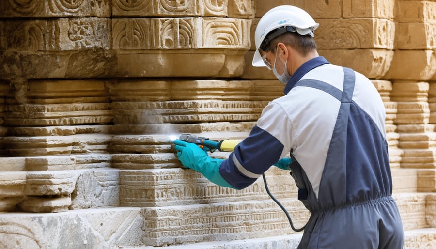 Professional conservator operating laser cleaning equipment on historic stone surface