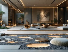 A modern interior setting highlighting an intricate crushed stone inlay pattern on a surface, demonstrating a fusion of colorful stones embedded in wood or concrete amidst contemporary decor.