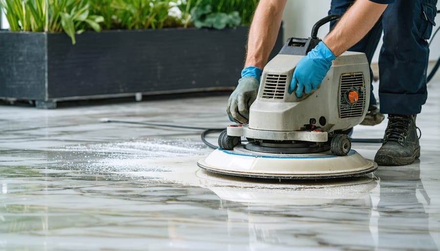 "Professional using advanced diamond grinding equipment to transform a worn marble surface into a high-gloss finish, illustrating modern resurfacing techniques and sustainability."