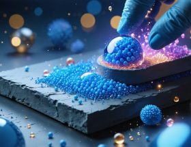 A detailed conceptual illustration showing nanoparticles interacting with a stone surface, depicting the innovative use of medical nanotechnology in stone preservation.