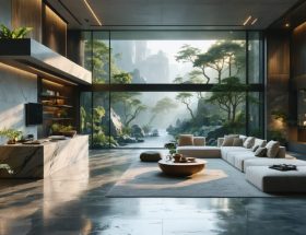 A contemporary living room with natural stone flooring and a stone feature wall, illuminated by natural light from large windows, showcasing the room's potential for improved indoor air quality through natural stone's air-purifying properties.