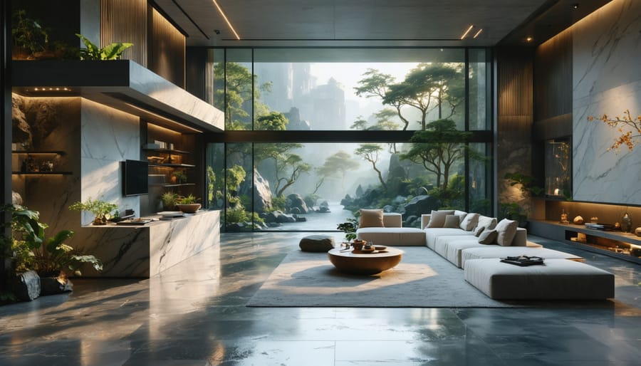 A contemporary living room with natural stone flooring and a stone feature wall, illuminated by natural light from large windows, showcasing the room's potential for improved indoor air quality through natural stone's air-purifying properties.