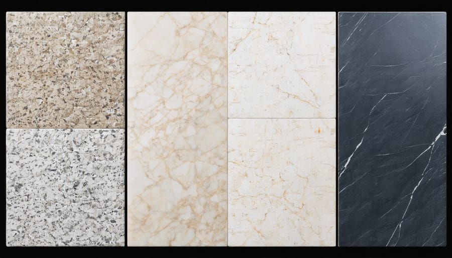 Visual comparison of natural stone types for outdoor fireplaces