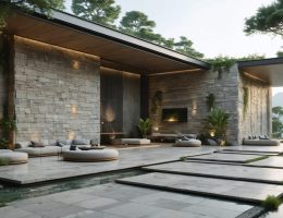 An elegant building facade using natural stone composite panels, embodying the blend of ancient craftsmanship and modern innovation, surrounded by greenery to emphasize sustainability.