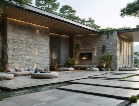 An elegant building facade using natural stone composite panels, embodying the blend of ancient craftsmanship and modern innovation, surrounded by greenery to emphasize sustainability.