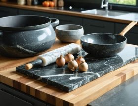 A charming kitchen setting featuring a granite cooking slab, soapstone pot, and marble rolling surface neatly arranged on a wooden counter, illustrating the artistry and functionality of natural stone cookware.