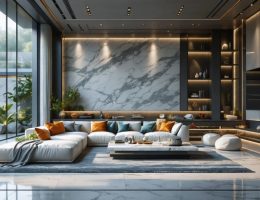 Modern living room featuring a granite accent wall, a white marble coffee table, and colorful stone decorative pieces, highlighting the serene and balanced atmosphere created by natural stones.