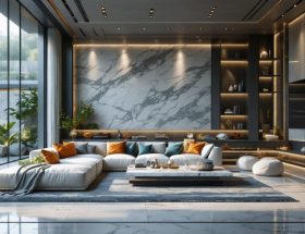 Modern living room featuring a granite accent wall, a white marble coffee table, and colorful stone decorative pieces, highlighting the serene and balanced atmosphere created by natural stones.