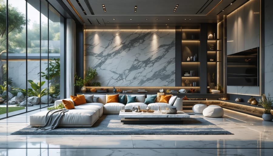 Modern living room featuring a granite accent wall, a white marble coffee table, and colorful stone decorative pieces, highlighting the serene and balanced atmosphere created by natural stones.