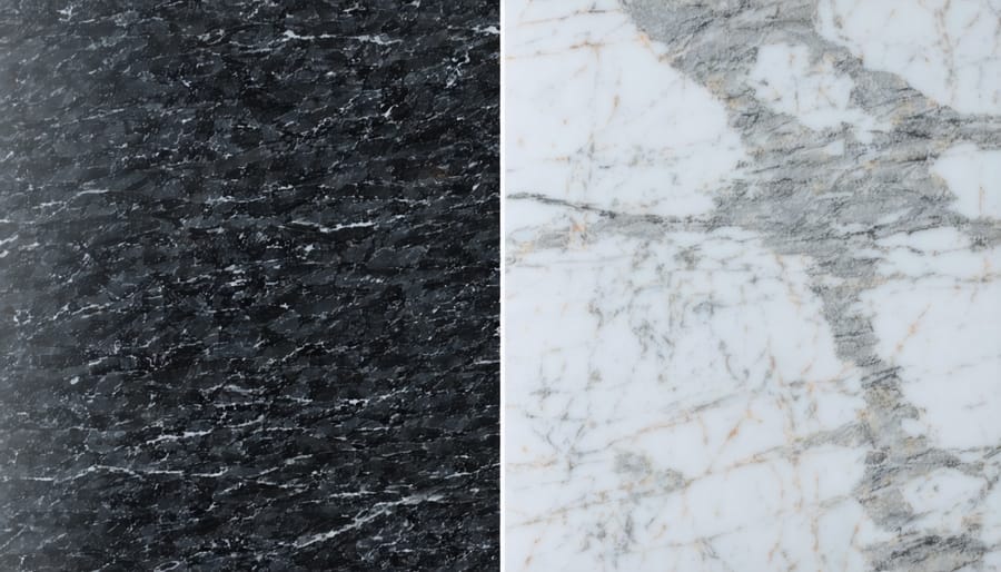Various natural stone countertop samples showing different colors and patterns