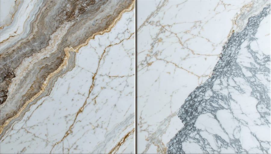 Side-by-side visual comparison of a natural stone countertop with veining and a quartz countertop with consistent patterns, highlighting differences in texture and style.