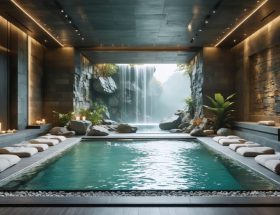A tranquil meditation room showcasing natural stone walls and water features, with acoustic elements illustrating sound absorption and diffusion, creating a space of peace and balance.
