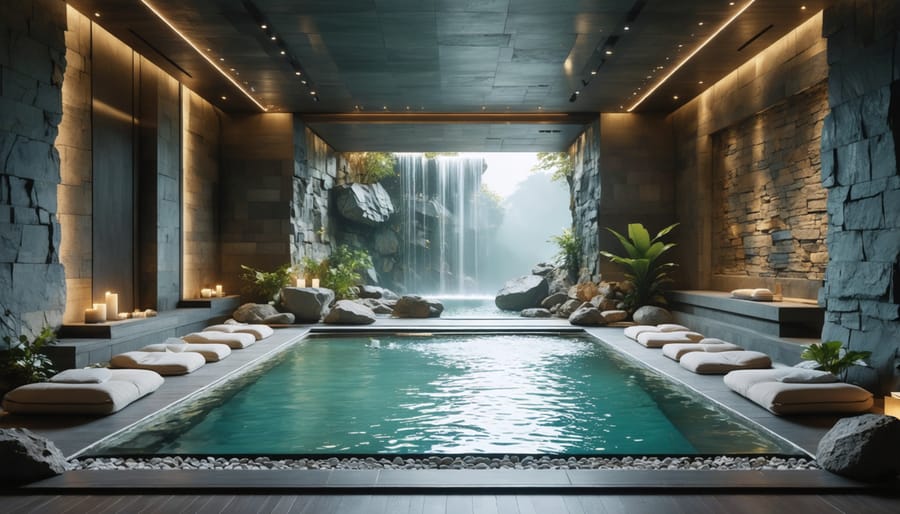 A tranquil meditation room showcasing natural stone walls and water features, with acoustic elements illustrating sound absorption and diffusion, creating a space of peace and balance.