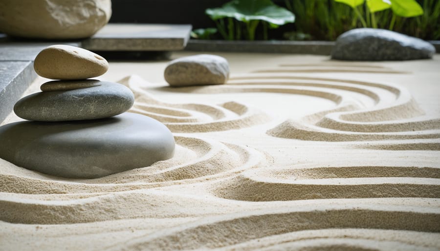 Peaceful Japanese Zen garden featuring smooth stones arranged in meditative formations, surrounded by raked sand patterns and a gentle stone water feature promoting relaxation and mindfulness.