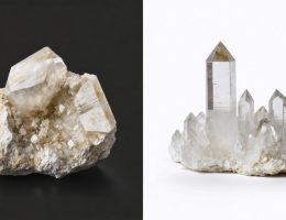 Split image showing the contrasting textures of natural quartz crystal structure on one side and a smooth engineered quartz countertop material on the other, highlighting their different heat resistance properties.