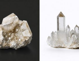 Split image showing the contrasting textures of natural quartz crystal structure on one side and a smooth engineered quartz countertop material on the other, highlighting their different heat resistance properties.