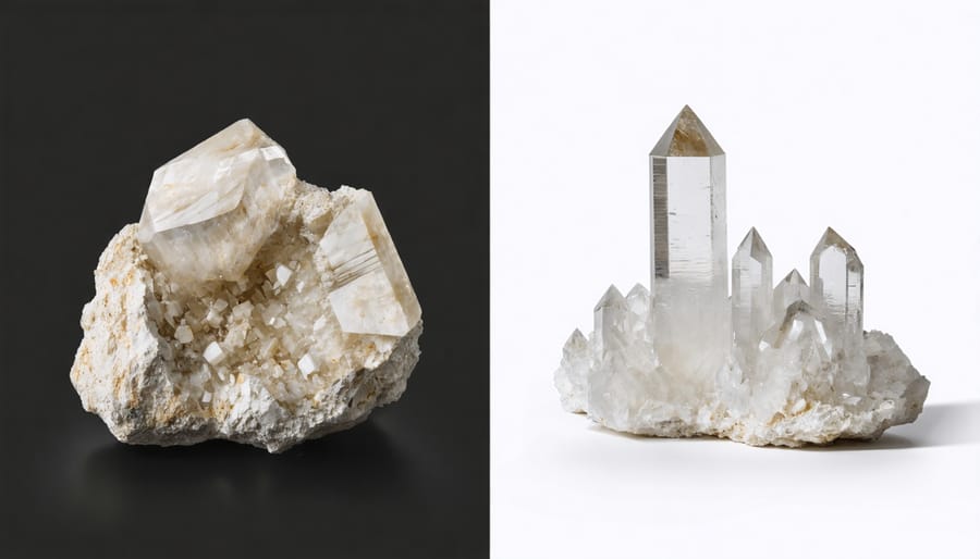Split image showing the contrasting textures of natural quartz crystal structure on one side and a smooth engineered quartz countertop material on the other, highlighting their different heat resistance properties.
