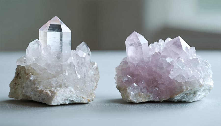 Split image showing natural quartz crystal structure versus engineered quartz countertop material